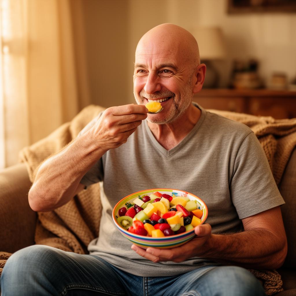 Paciente oncológico disfrutando frutas frescas